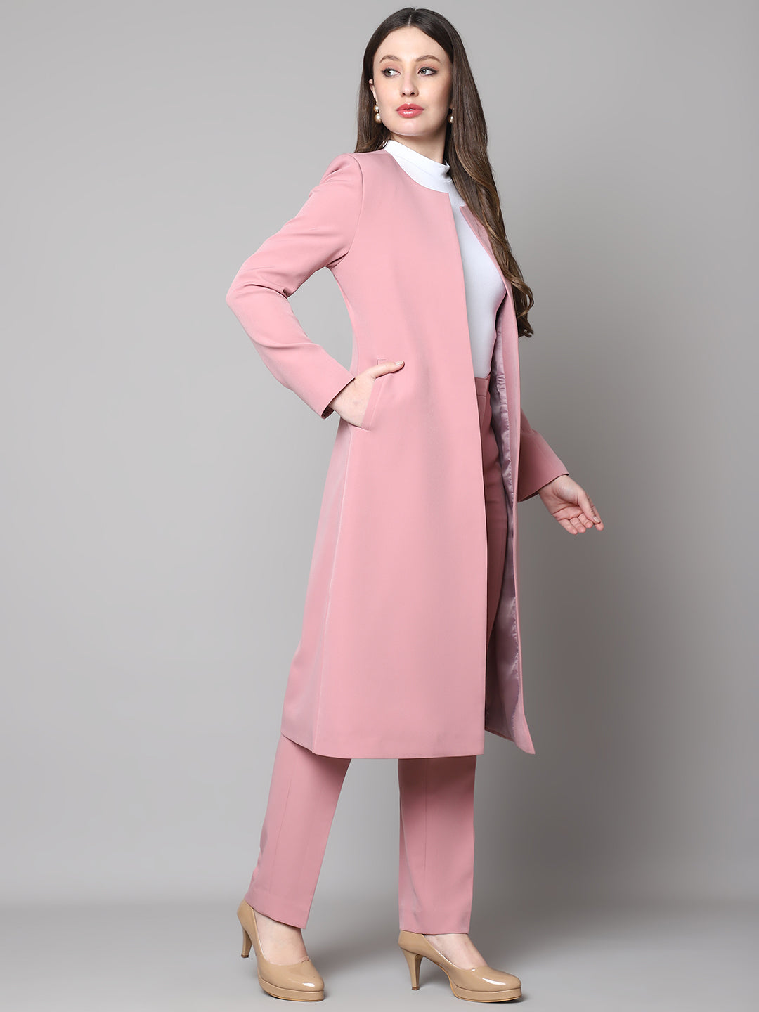 Exude Crowned Confidence Long Blazer (Dusty Pink)