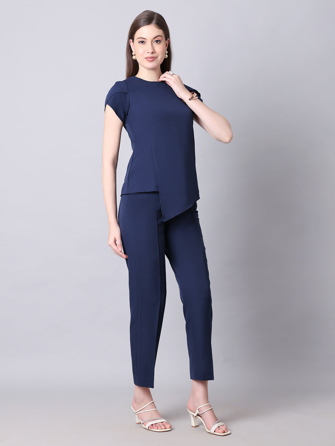 Exude Iconic Asymetrical Top with Straight Fit Trouser Co-ord (Navy)