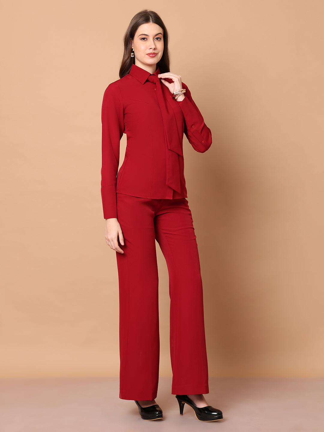 Exude Reign Supreme Shirt with Tie Paired with Matching Bootcut Trouser (Red)