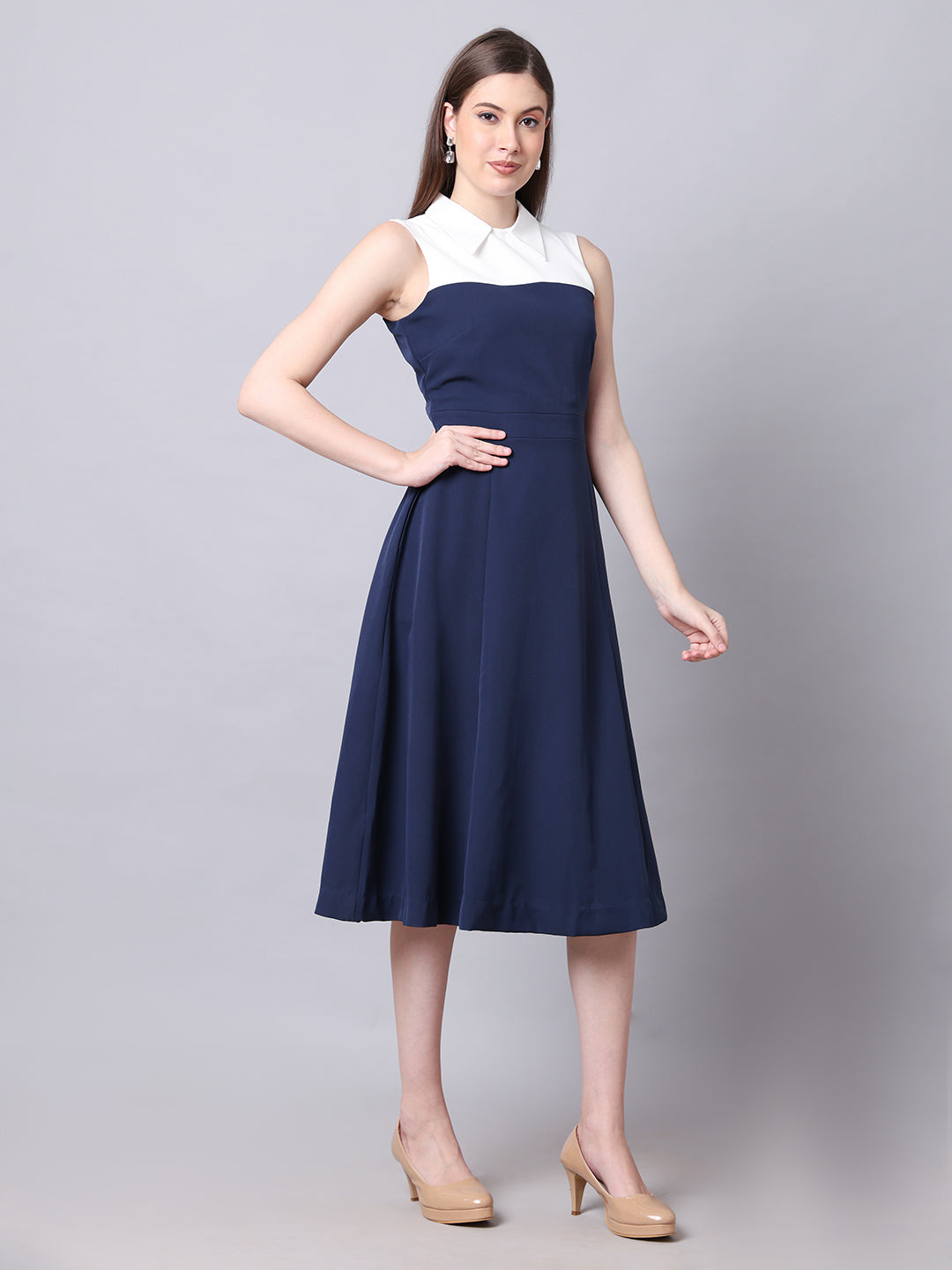 Exude Bronzed Color Block Dress With Collar (Navy)