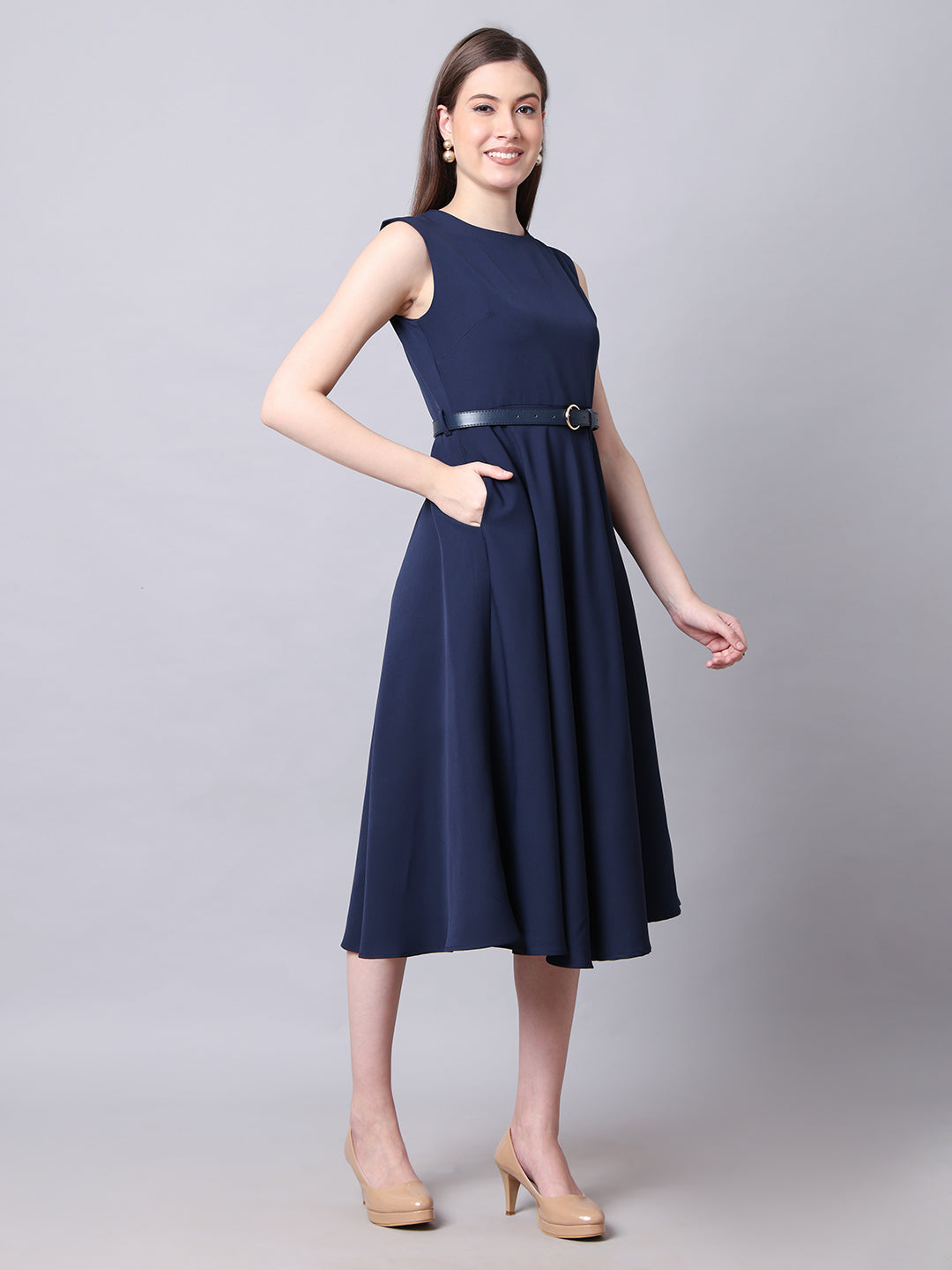 Exude Warmth Fit &amp; Flare Dress with Belt (Navy)