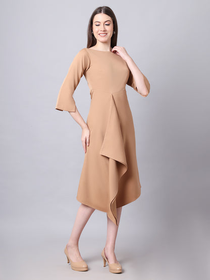 Exude Sunlit Drape Dress With Sleeves (Beige)