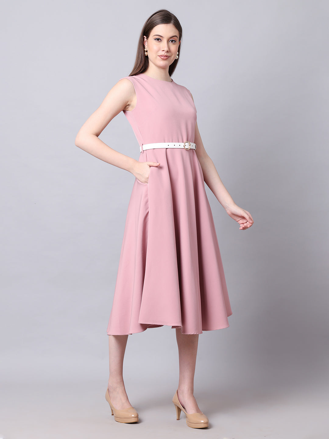 Exude Warmth Fit &amp; Flare Dress with Belt (Blush Pink)