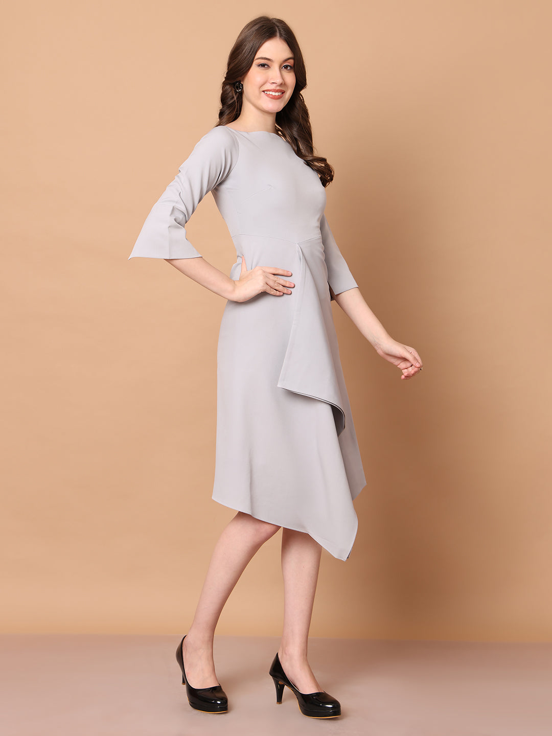 Exude Sunlit Drape Dress With Sleeves (Grey)