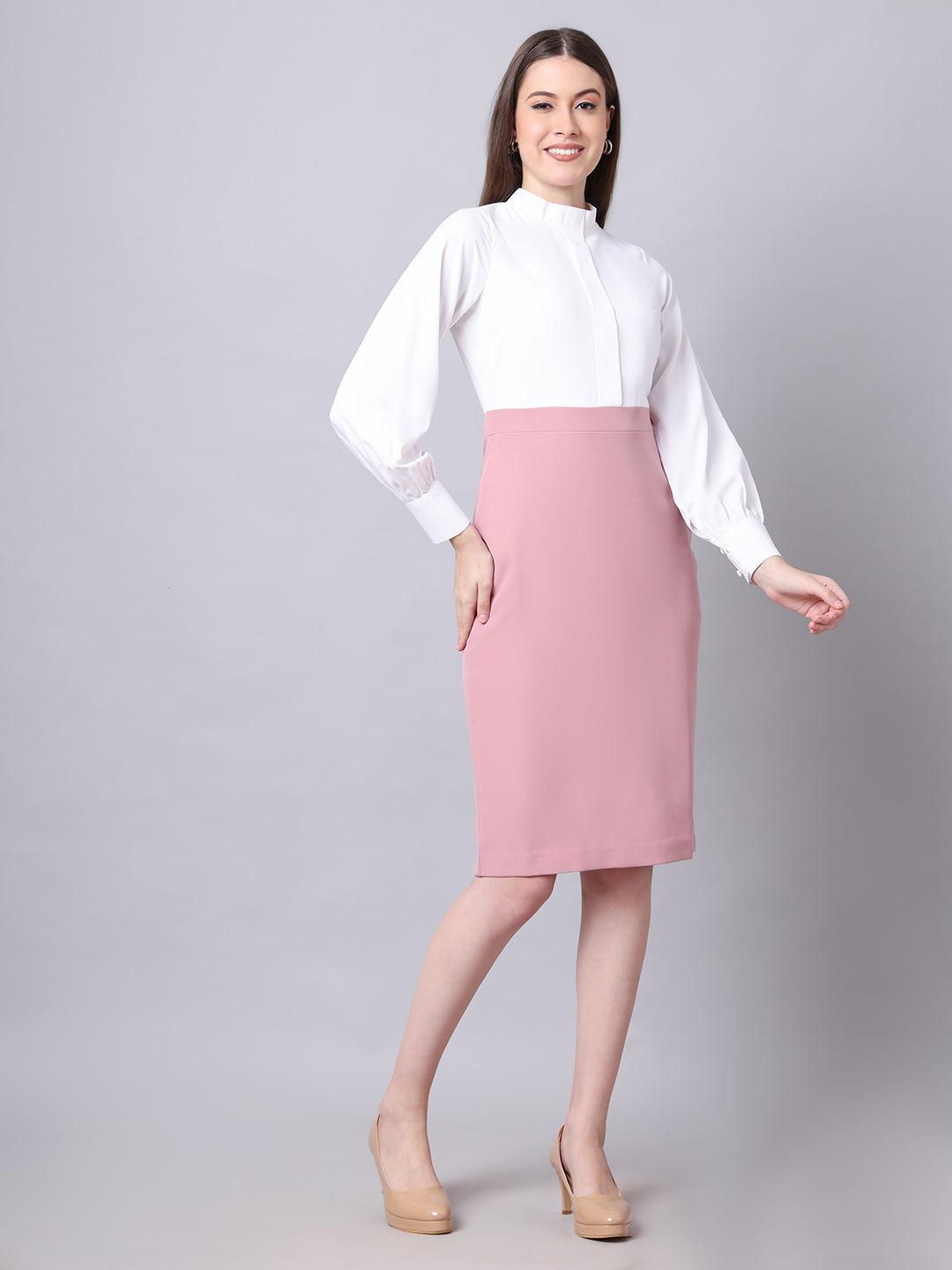 Exude Show-stopping Colour Block with High Neck Dress ( Dusty Pink)