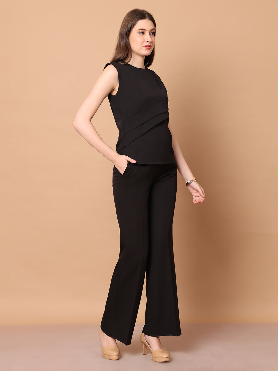 Exude Power in Motion Side and Shoulder Pleat Top Paired with Bootcut Trousers (Black)