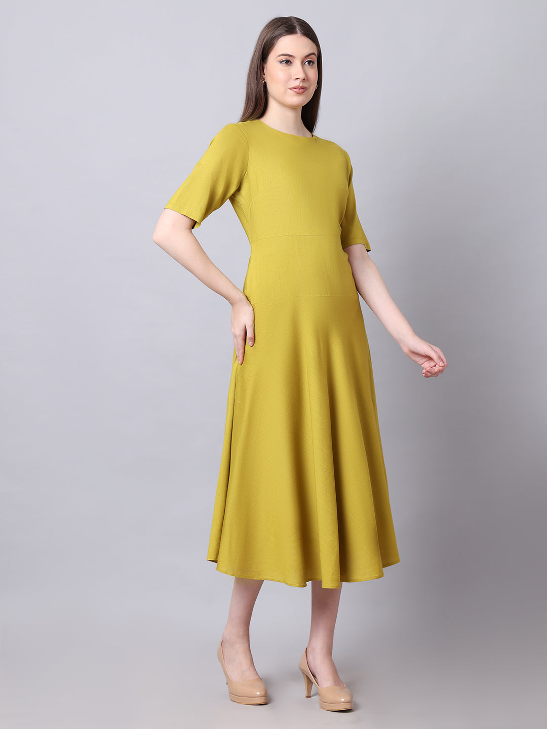 Exude Resilient Radiance Midi Flare Dress with Sleeves (Lime)