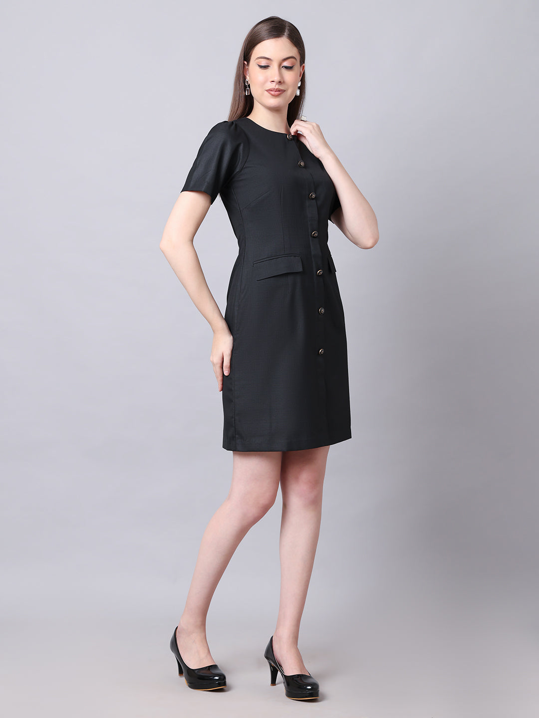 Exude Chic Revolution Suiting Fabric Front Button Shift Dress (Black)