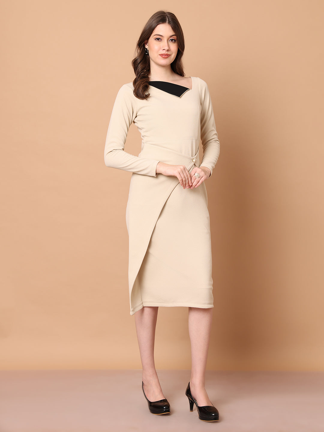 Exude Feminine Flair Front Fold Wrap Dress (Beige)