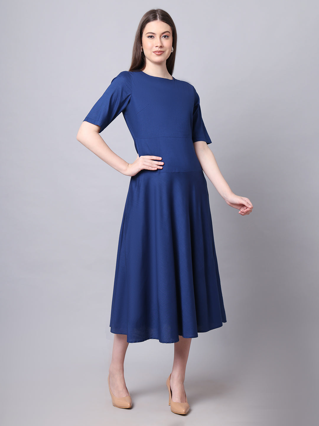 Exude Resilient Radiance Midi Flare Dress with Sleeves (Navy)