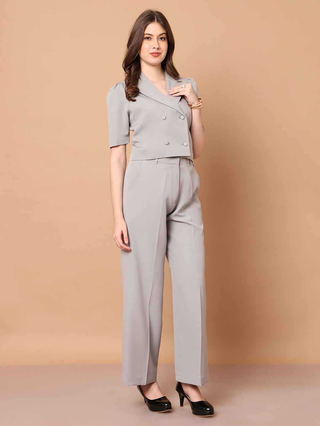 Exude Daring Dreams Crop Blazer with Wide Leg Trouser (Grey)