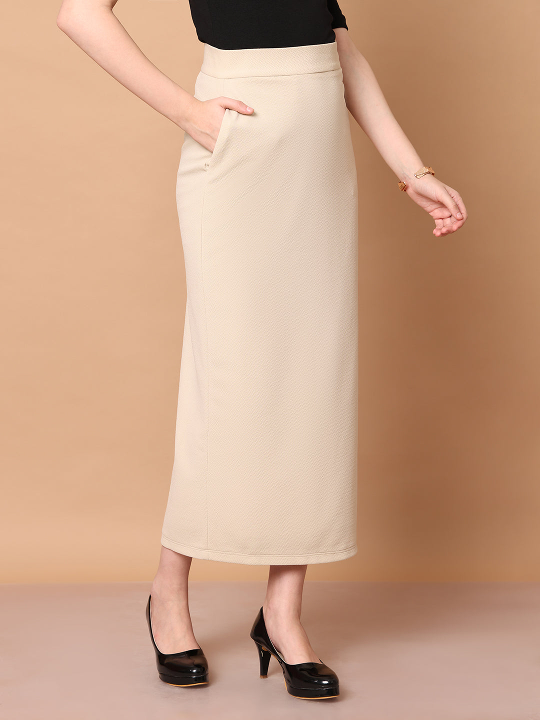 Exude Statement Piece Long Black Skirt with Side Slit (Beige)