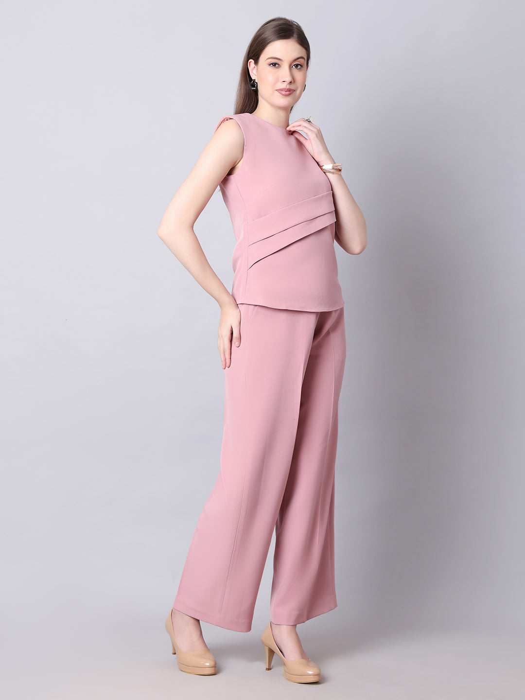 Exude Warrior Queen Side and Shoulder Pleat Top Paired with Wide Leg Trousers (Dusty Pink)