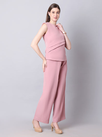 Exude Warrior Queen Side and Shoulder Pleat Top Paired with Wide Leg Trousers (Dusty Pink)