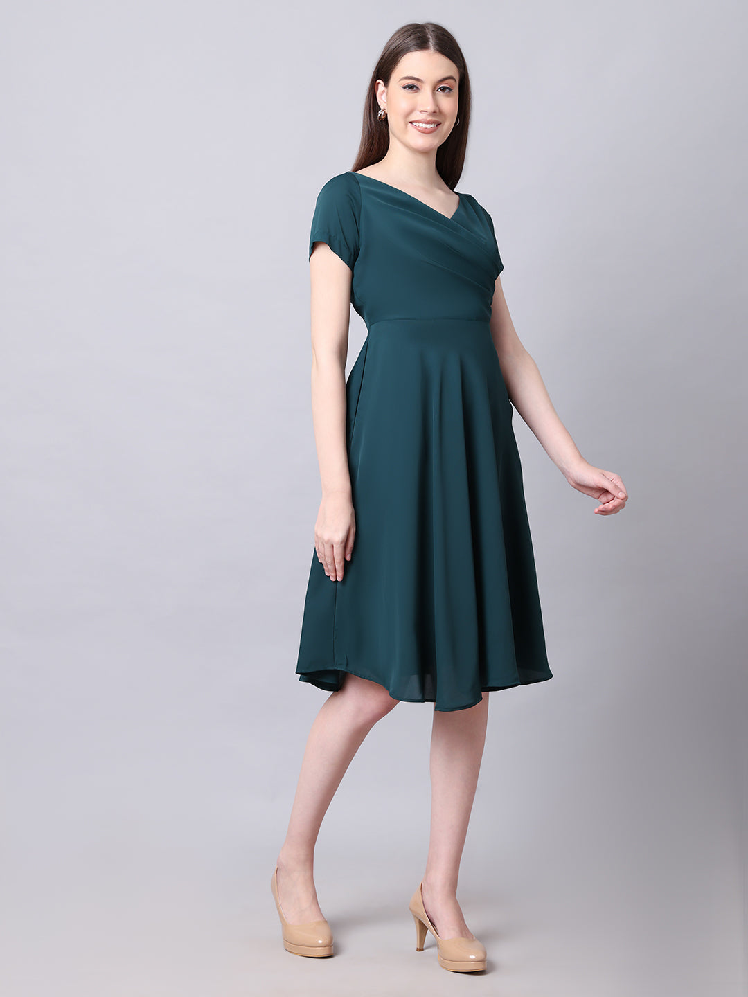 Exude Intrepid V-Neck Front Pleat Dress with Pockets ( Emerald)