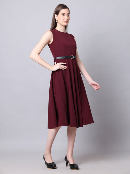 Exude Warmth Fit &amp; Flare Dress with Belt (Wine)