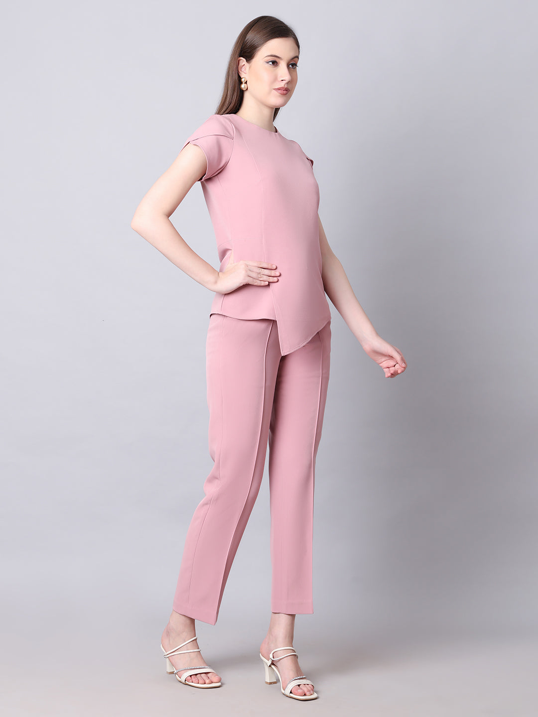 Exude Iconic Asymetrical Top with Straight Fit Trouser Co-ord (Dusty Pink)