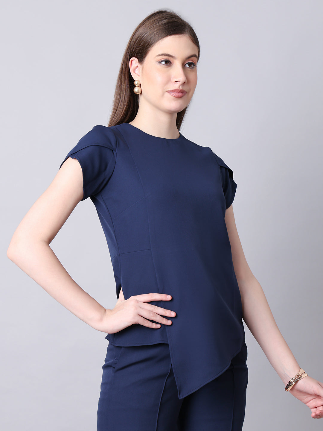 Exude Elysian Essence Asymmetrical Top with Cap Sleeves (Navy)