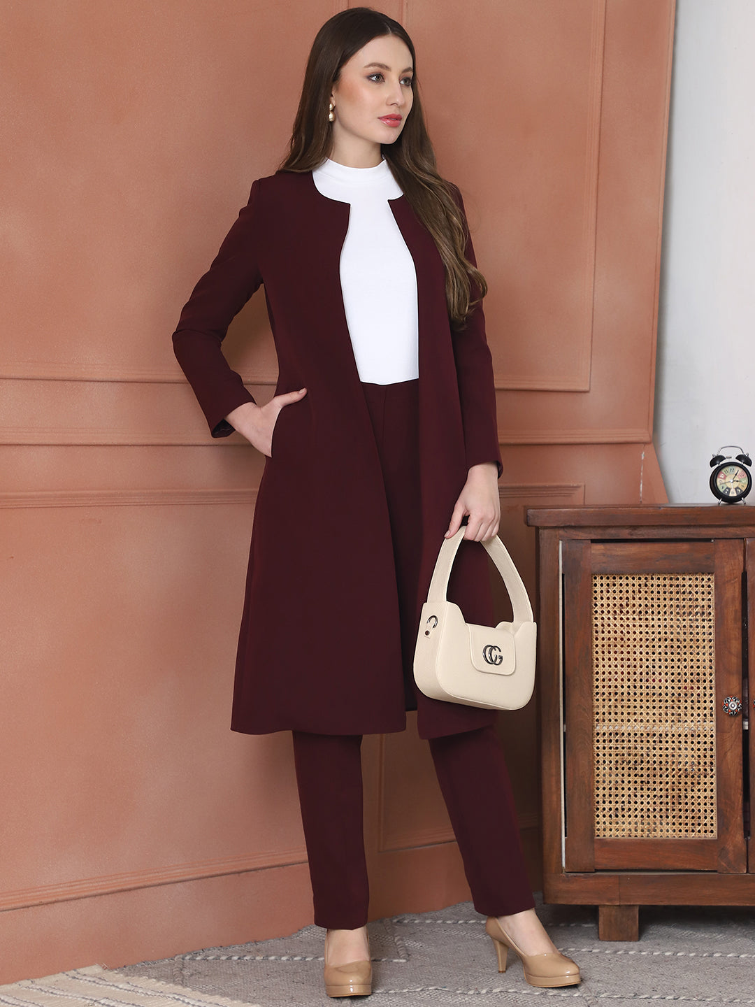 Exude Phoenix Rising Long Blazer and Straight Fit Trouser (Wine)