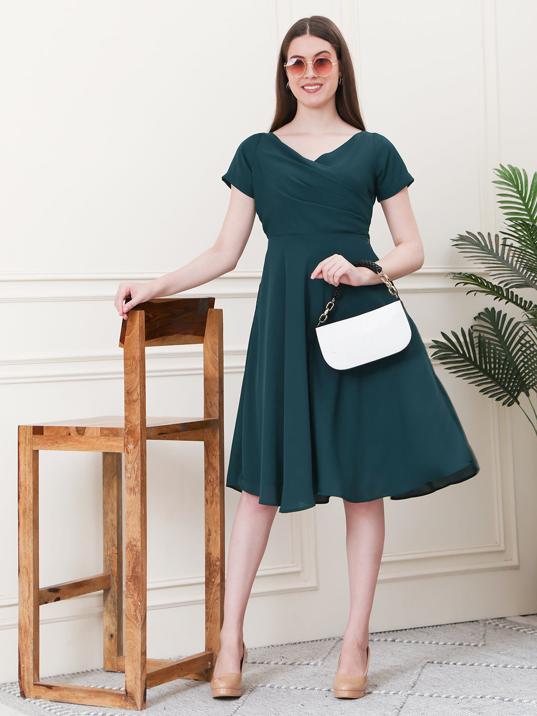 Exude Intrepid V-Neck Front Pleat Dress with Pockets ( Emerald)