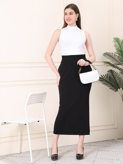 Exude Statement Piece Long Black Skirt with Side Slit (Black)