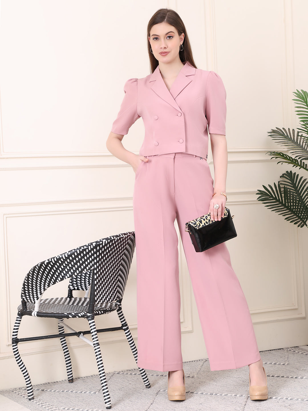 Exude Fierce &amp; Fabulous Crop Blazer and Wide Leg Trousers (Pink)