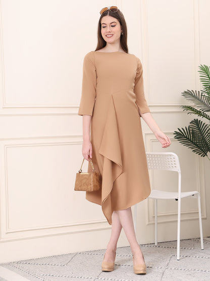 Exude Sunlit Drape Dress With Sleeves (Beige)