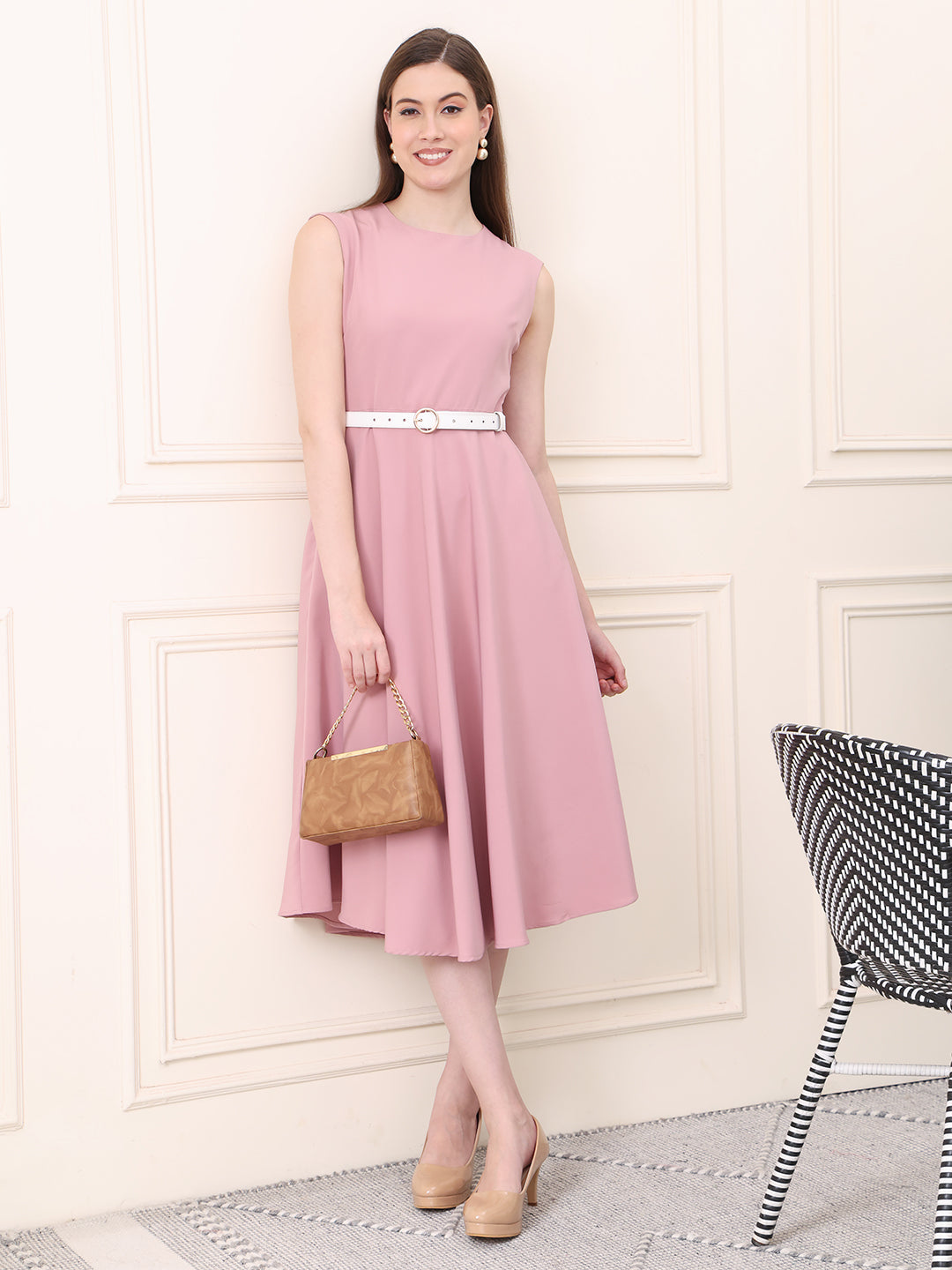 Exude Warmth Fit &amp; Flare Dress with Belt (Blush Pink)