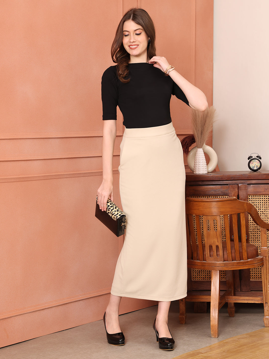 Exude Statement Piece Long Black Skirt with Side Slit (Beige)