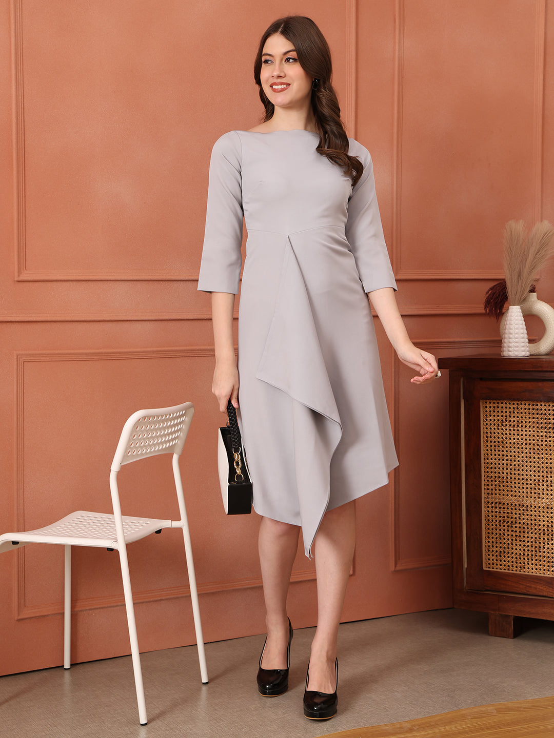 Exude Sunlit Drape Dress With Sleeves (Grey)