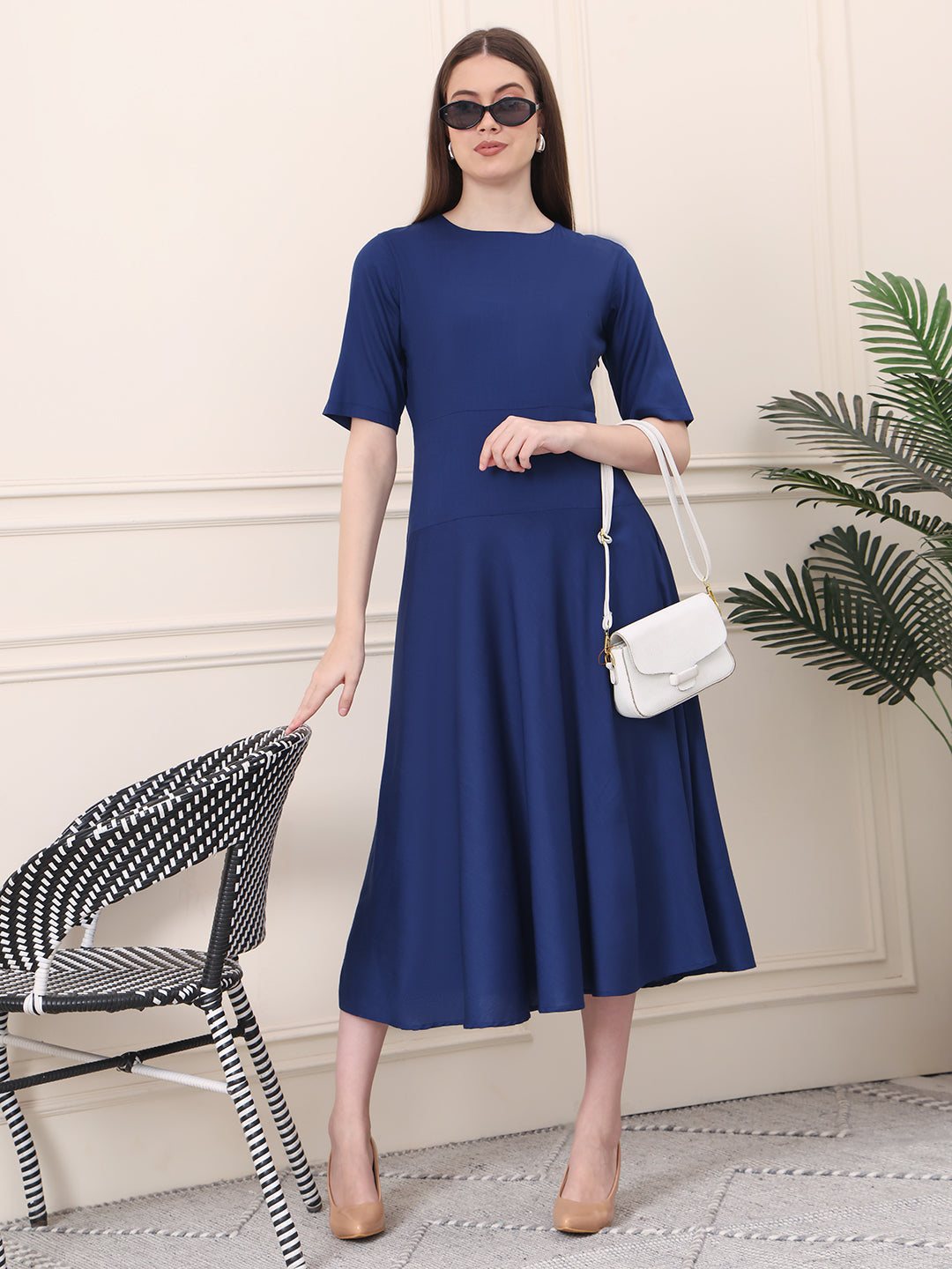 Exude Resilient Radiance Midi Flare Dress with Sleeves (Navy)