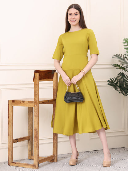 Exude Resilient Radiance Midi Flare Dress with Sleeves (Lime)