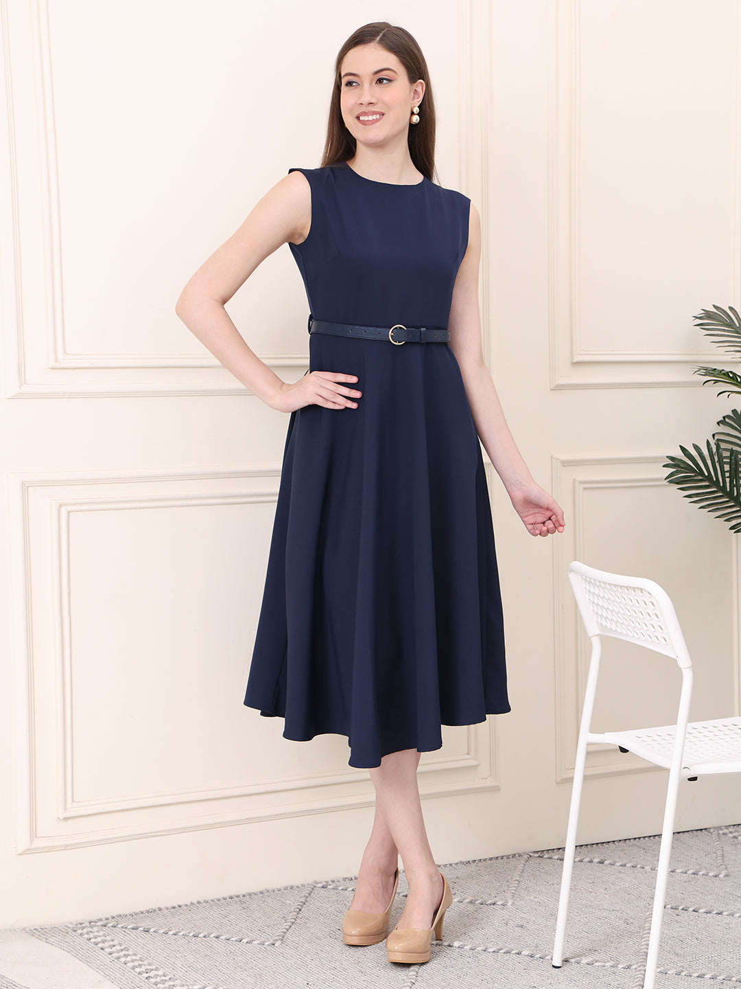 Exude Warmth Fit &amp; Flare Dress with Belt (Navy)