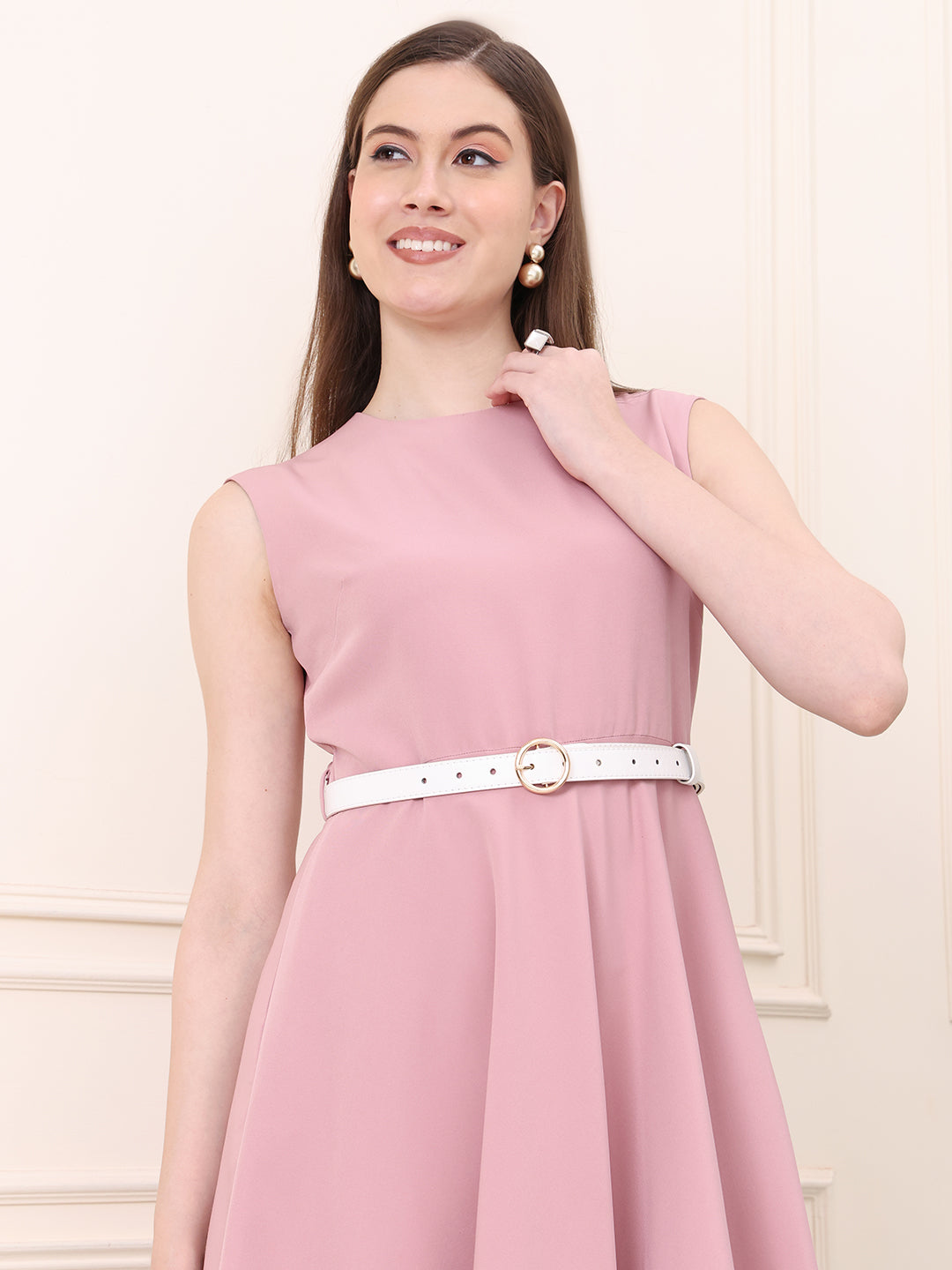 Exude Warmth Fit &amp; Flare Dress with Belt (Blush Pink)