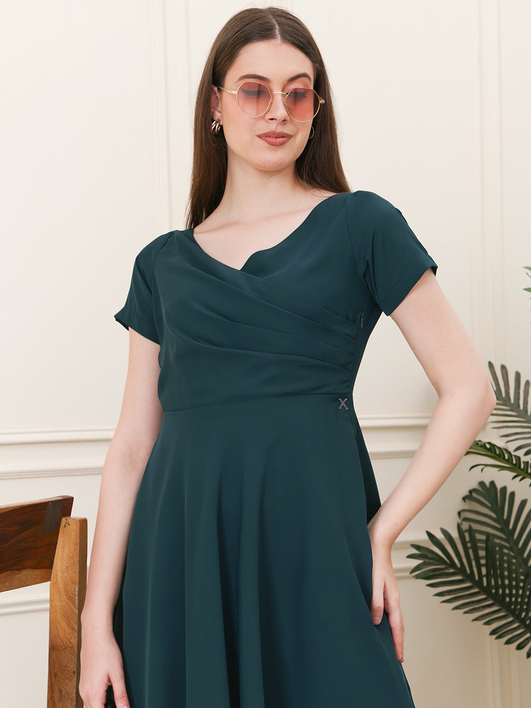 Exude Intrepid V-Neck Front Pleat Dress with Pockets ( Emerald)