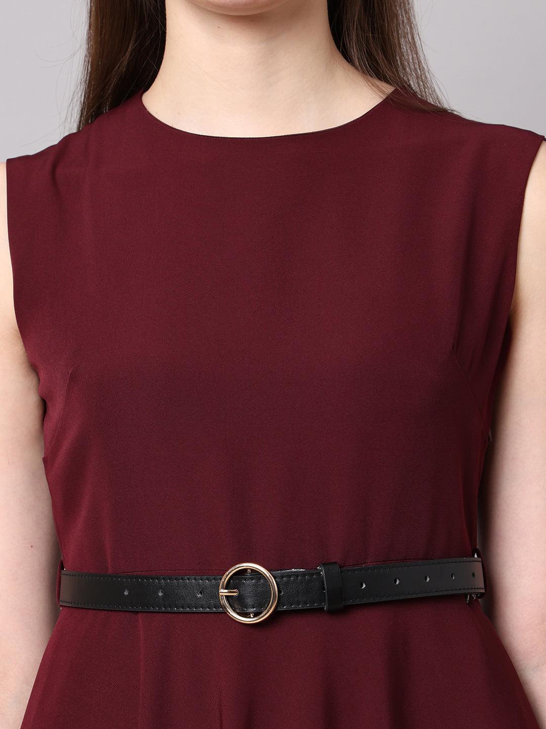 Exude Warmth Fit &amp; Flare Dress with Belt (Wine)