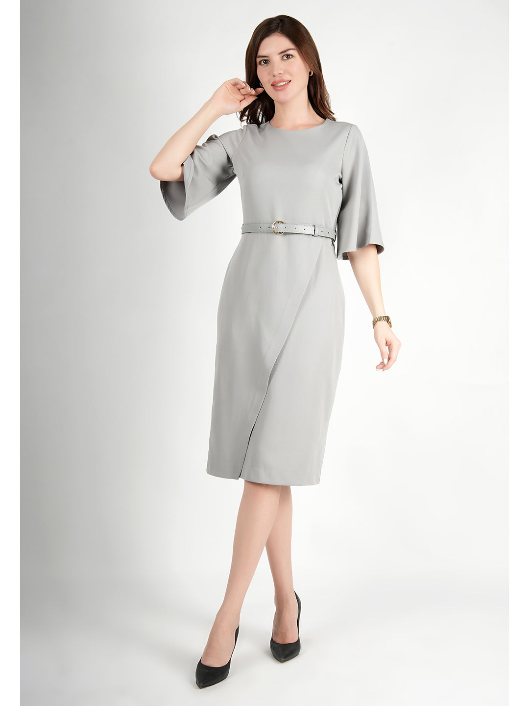 Exude Bliss Bell Sleeve Dress with Belt (Grey)