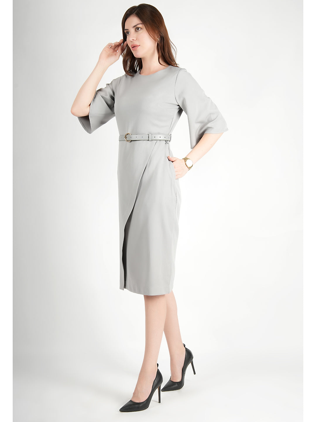 Exude Bliss Bell Sleeve Dress with Belt (Grey)