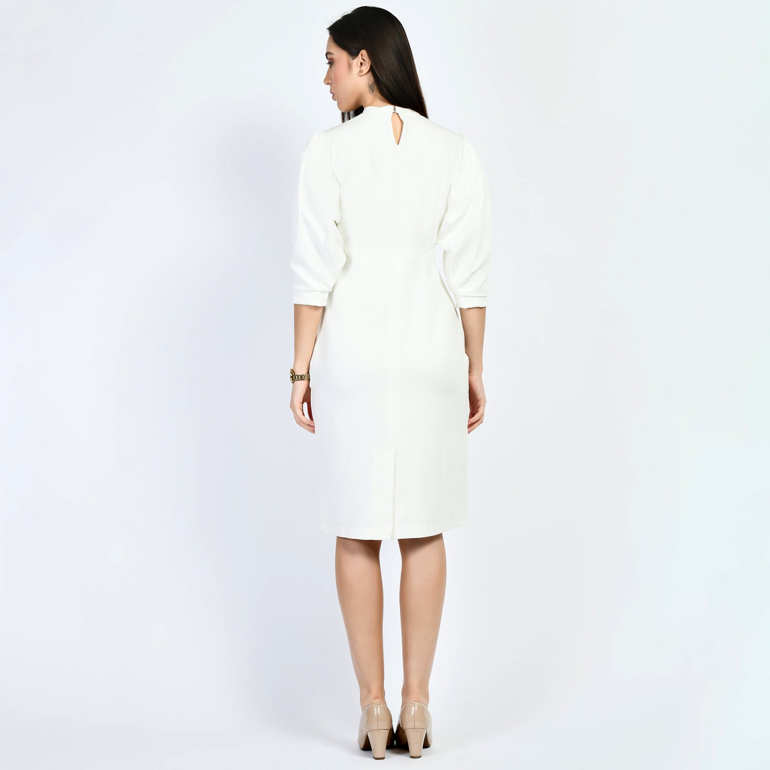 Exude Allure Puffed Sleeves Sheath Dress (White)