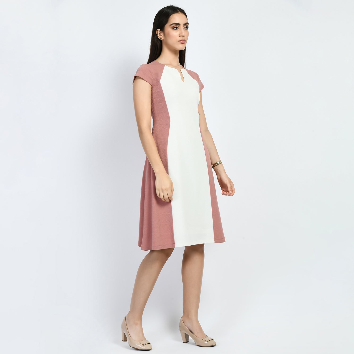 Exude Awe Colour-blocked Sculpt A-line Dress (Cherry Pink)