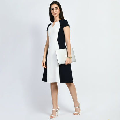 Exude Awe Colour-blocked Sculpt A-line Dress (Navy)