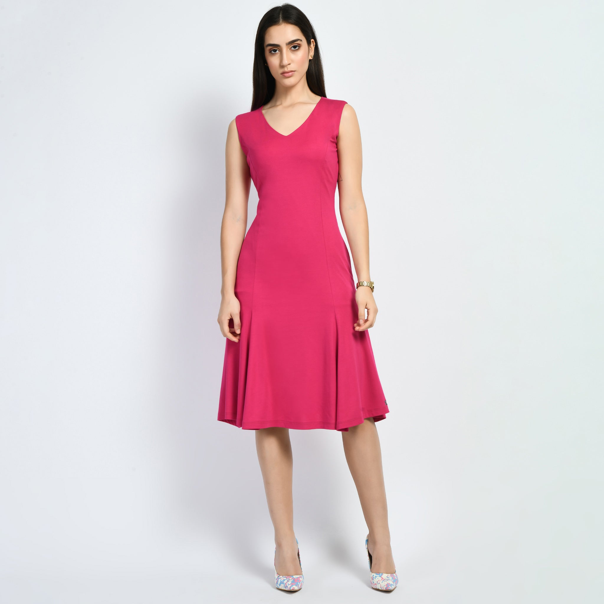 Exude Appeal Flared V-neck Dress (Hot Pink)