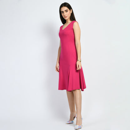 Exude Appeal Flared V-neck Dress (Hot Pink)