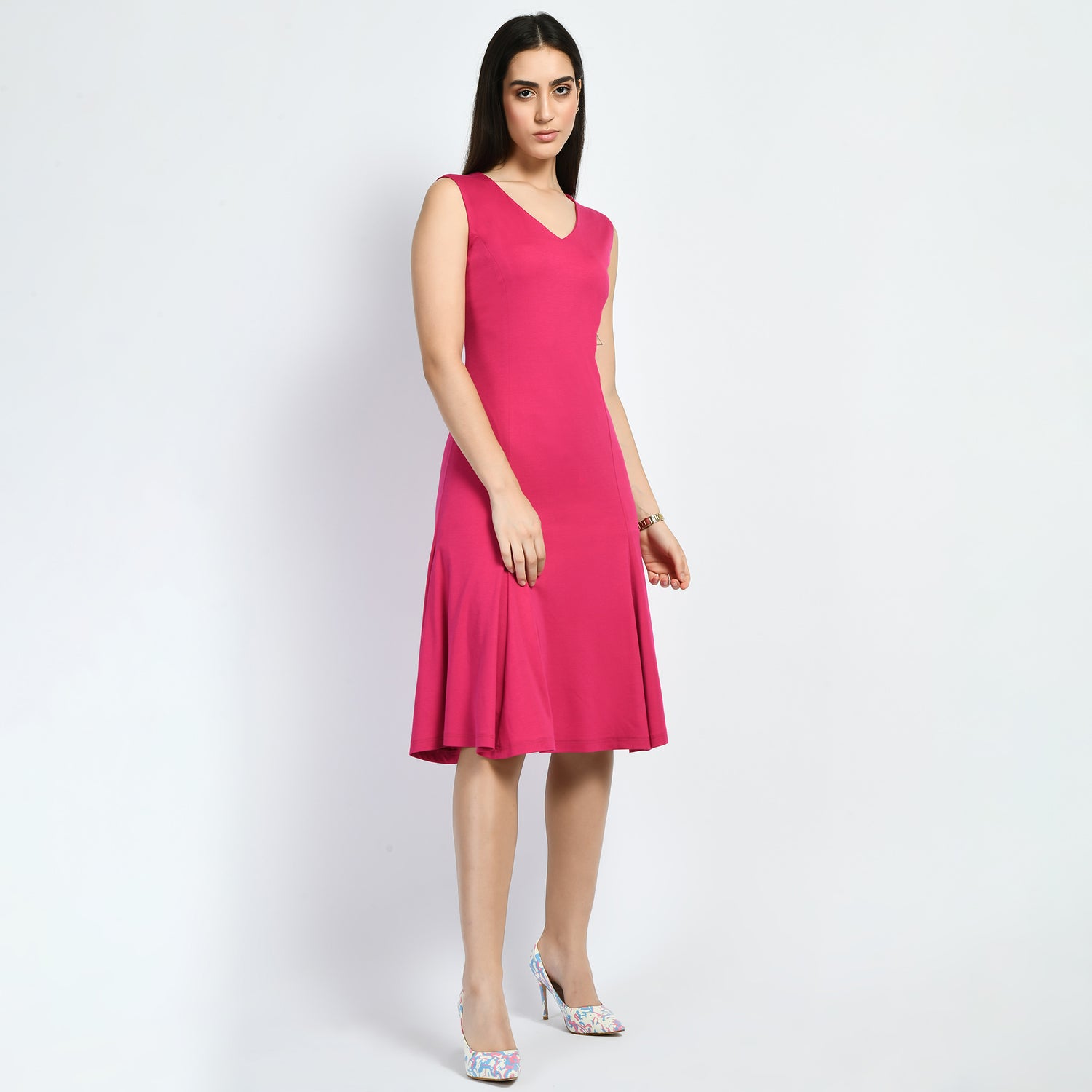 Exude Appeal Flared V-neck Dress (Hot Pink)