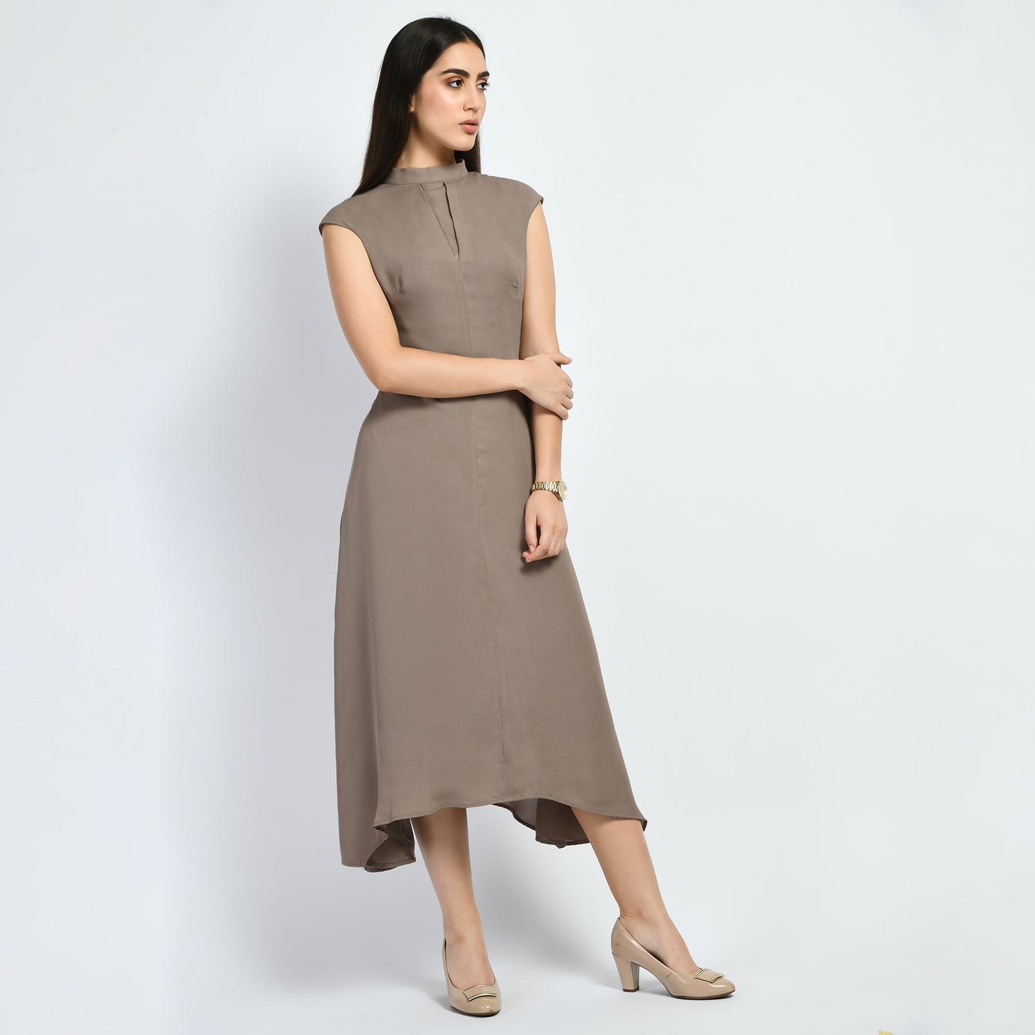 Exude Vibrance Open Back Midi Dress (Camel Beige)