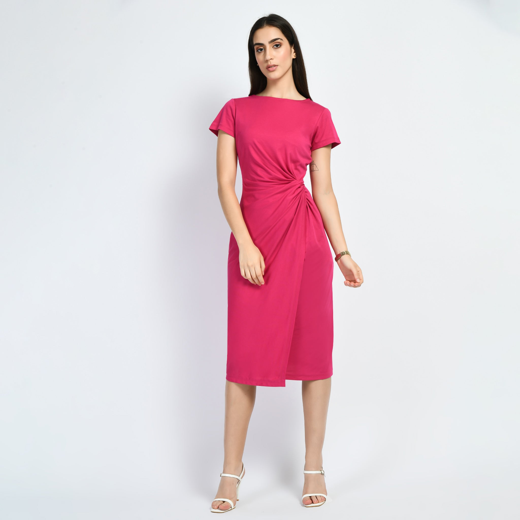 Exude Luminosity Side Knot Wrap Dress (Hot Pink)