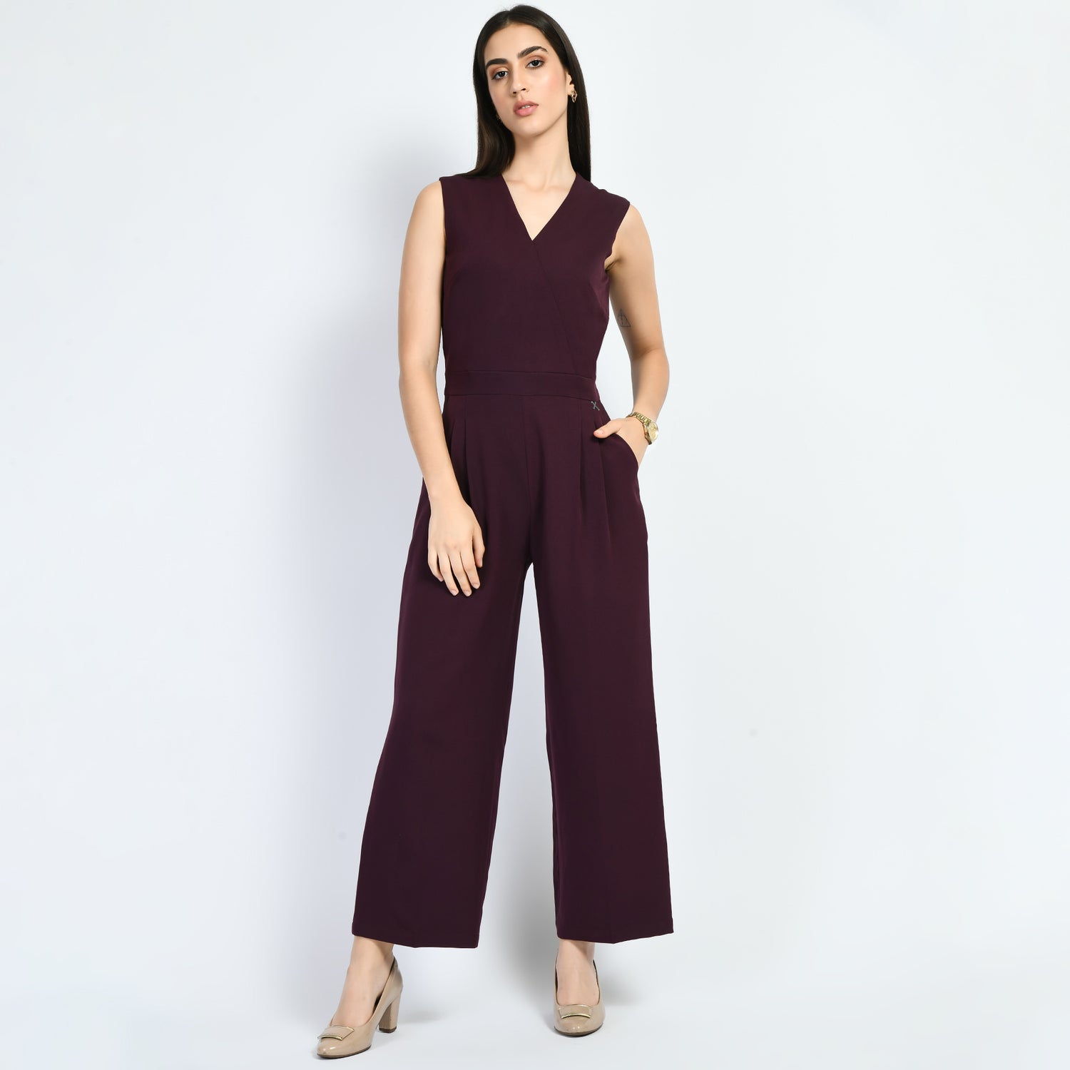 Exude Timelessness V-neck Wide-Leg Jumpsuit (Wine)