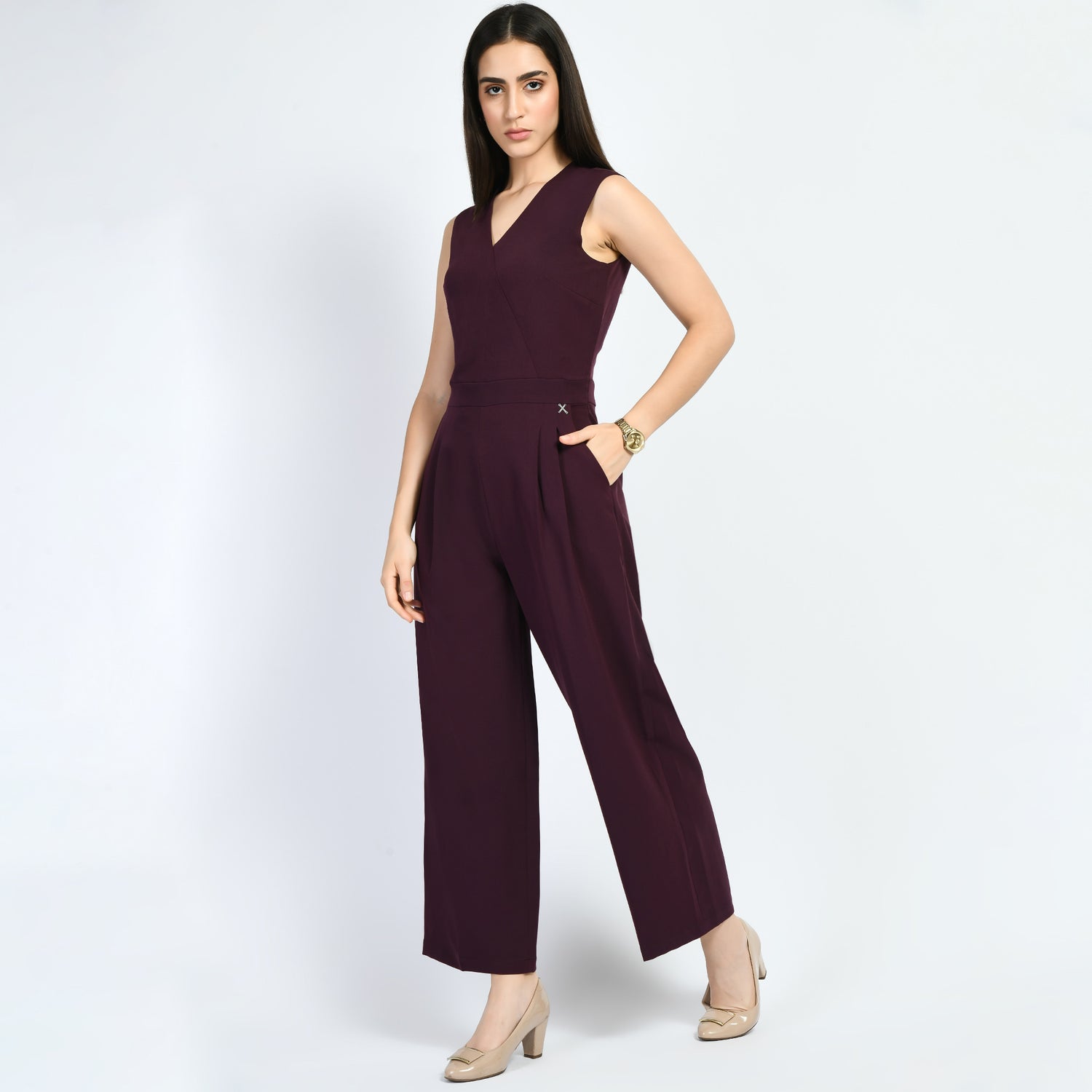 Exude Timelessness V-neck Wide-Leg Jumpsuit (Wine)