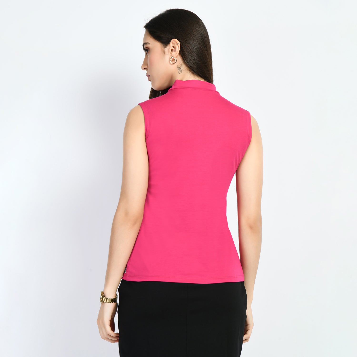Exude Charm High-neck Sleeveless T-shirt (Hot Pink)