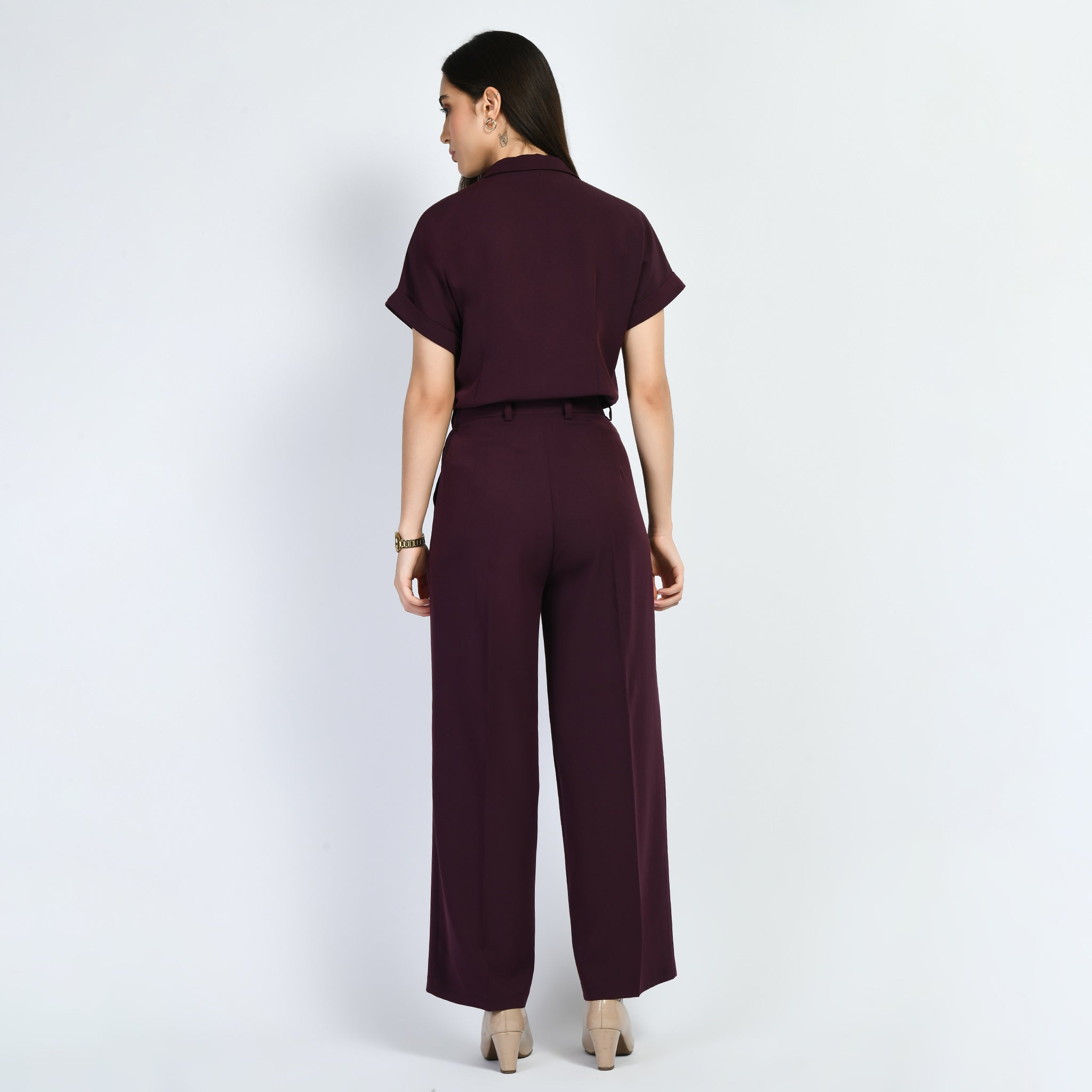 Exude Magnetism Solid Wide Leg Trousers With Blazer Tie Top Co-ord (Wine)